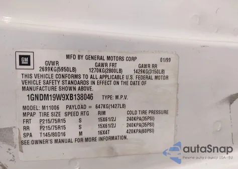 1999 Chevrolet Astro из США, поврежденный, VIN 1GNDM19W9XB138046